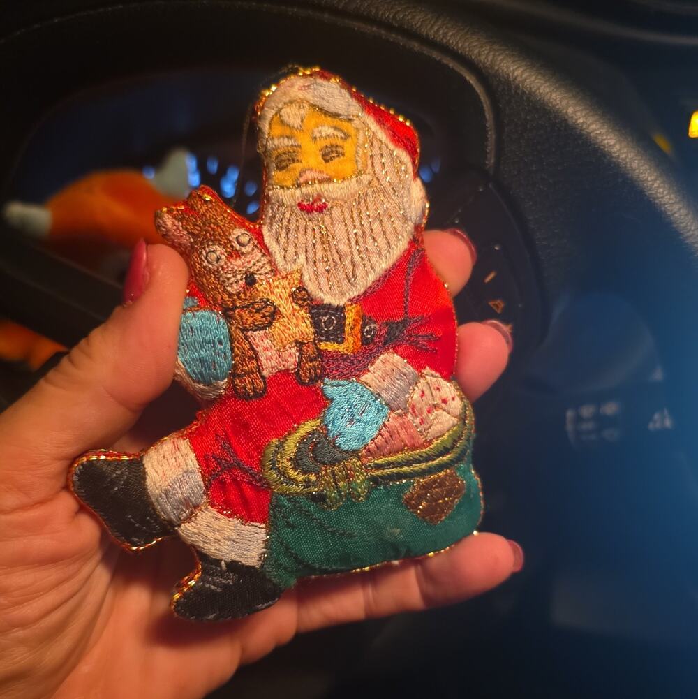 Embroidered Santa Claus Fabric Christmas Ornament Multicolor Hanging Loop